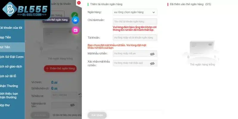 Thêm thông tin tài khoản ngân hàng rút tiền BL555